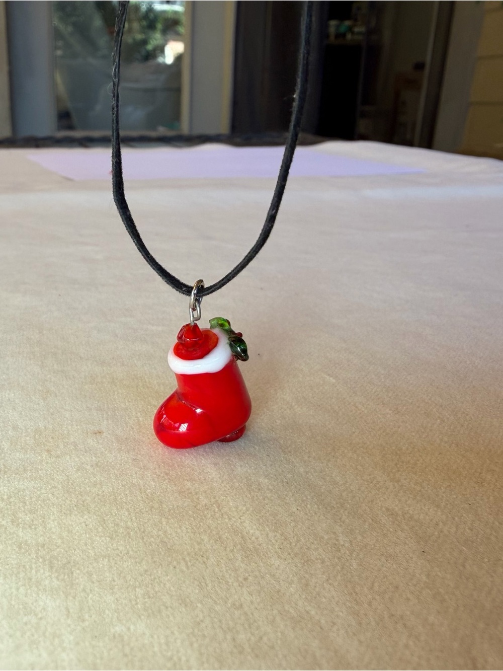 Art Glass Christmas Stocking Pendant Necklace Red Holiday Jewelry